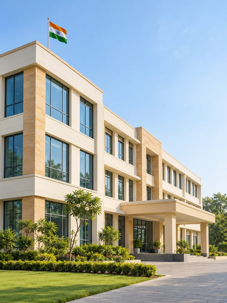 Illustrative modern school campus with a welcoming entrance
